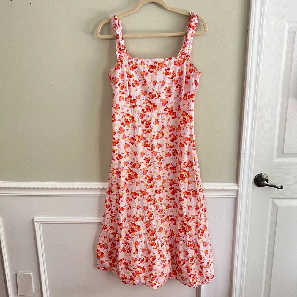Floral Midi Dress Womens‎ PM or S/M Ruffle Strap Cotton Pink Orange  Sundress